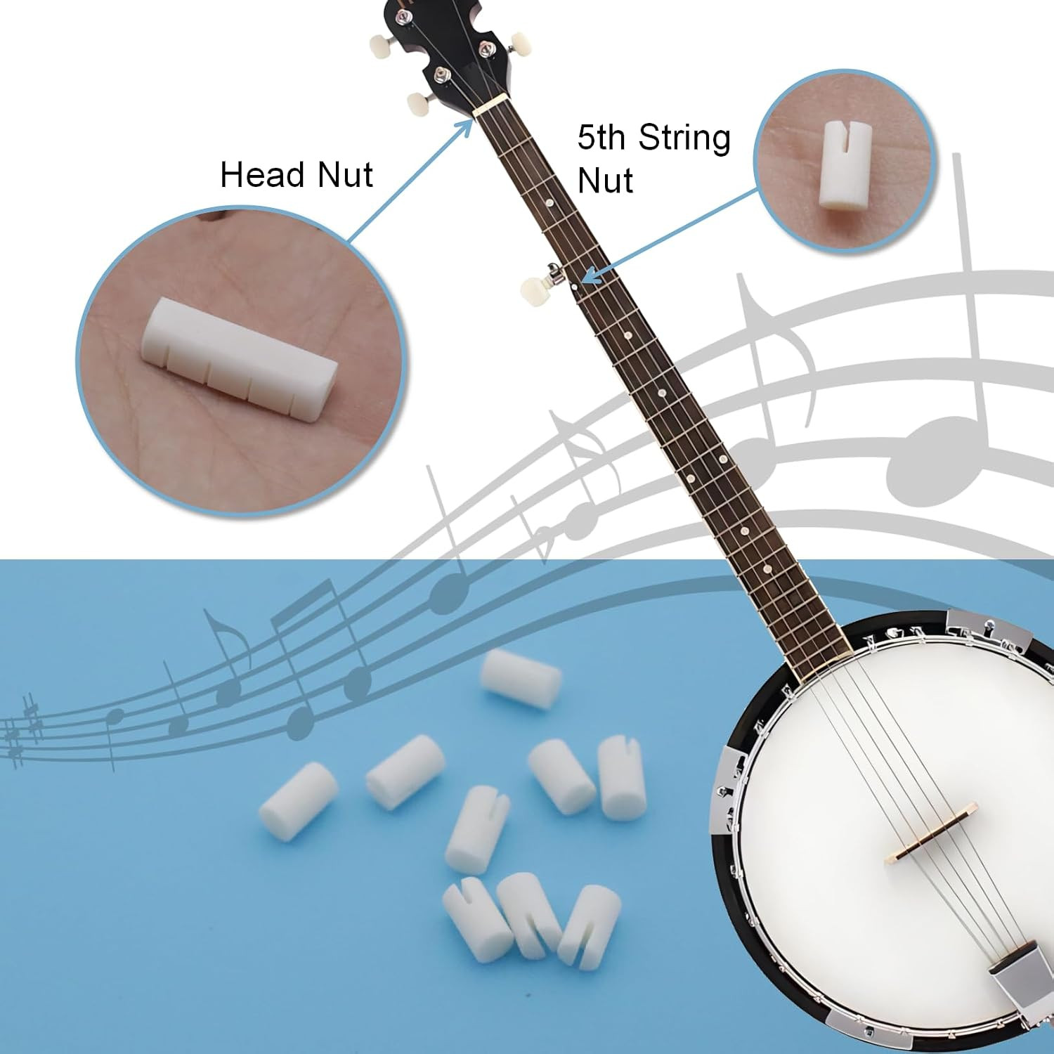 2-Pack Bone Banjo Nuts Set, 5Th String Nut & Head Nut for 5 String Banjo, Pur...