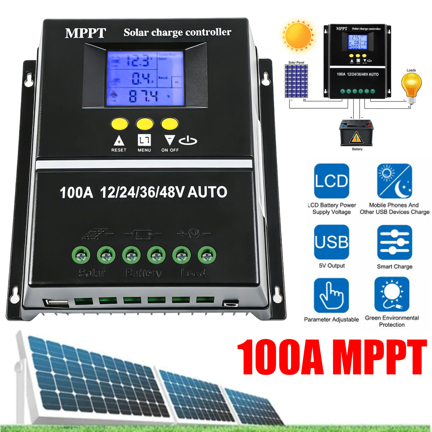 MPPT Solar Panel Battery 100A PV Regulator Charge Controller AUTO 12/24/36/48V