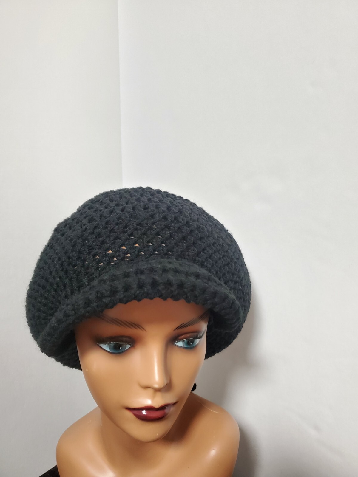 Crochet Brimmed Tam With Drawstring Handmade Black