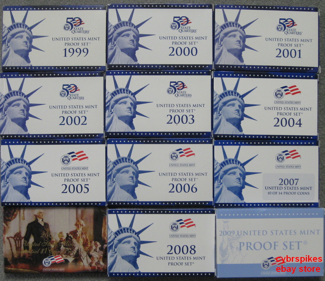 1999 thru 2009 Run of 11 Government Issued Proof Sets Including State Quarters