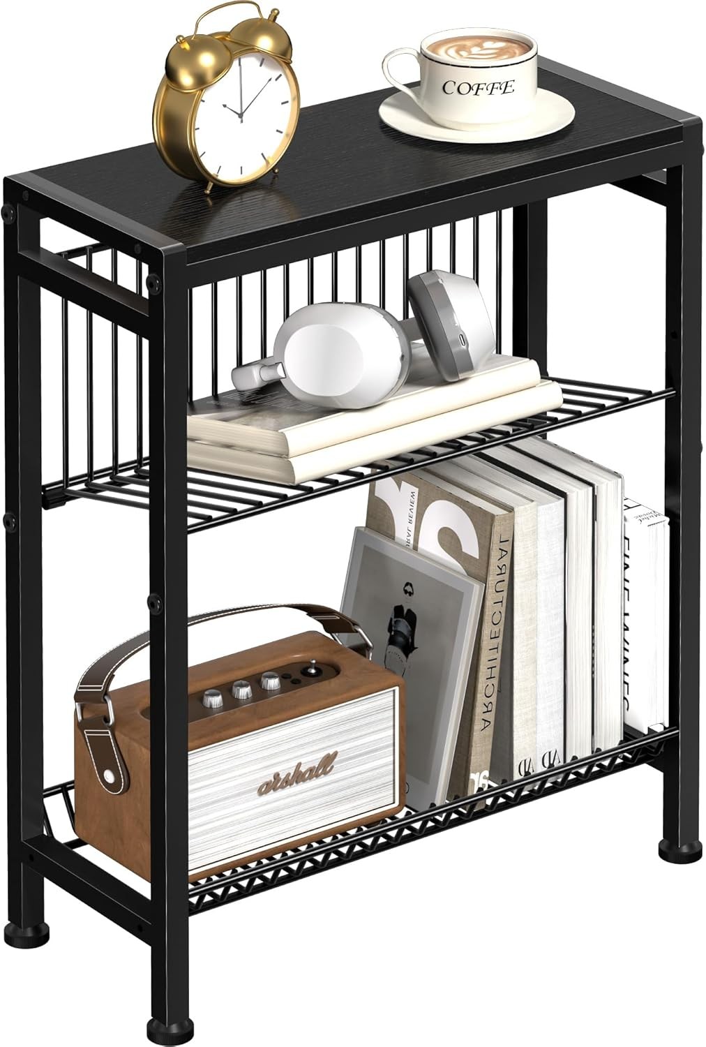 Narrow Side Table Small Space 3-Tier End Table W/ Magazine Holder Slim