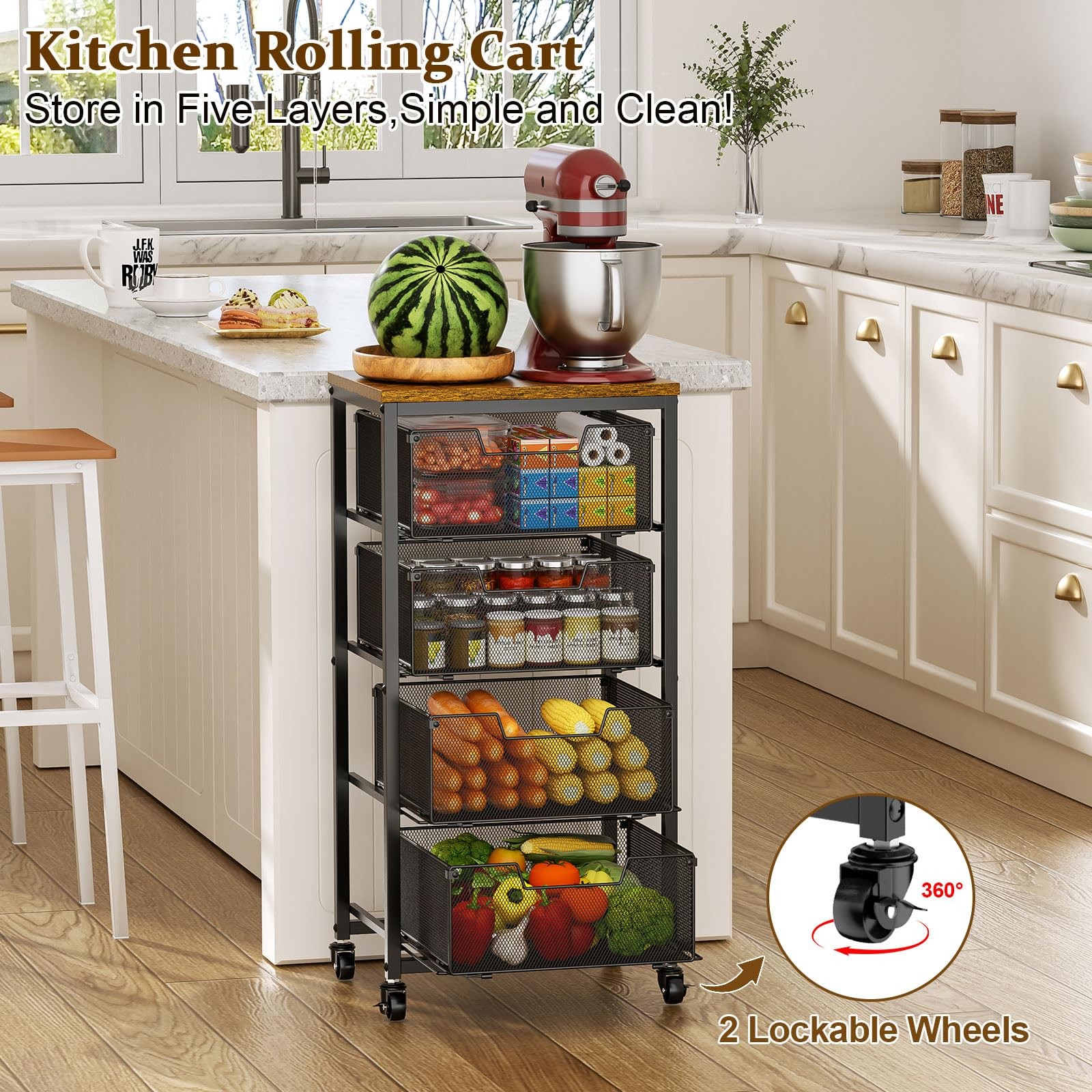 Kitchen Rolling Cart with Drawers, 4-Tier Fruit Vegetable Storage Cart on Whe...