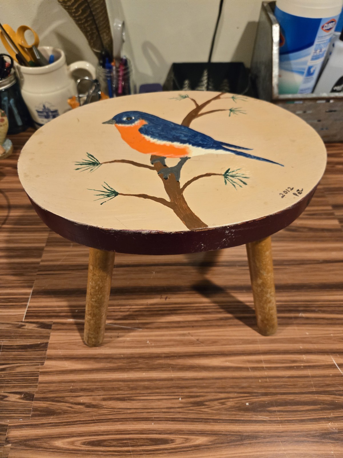 VINTAGE 3 Leg Wooden Milking Stool Plant Stand Folk Art Hand Painted