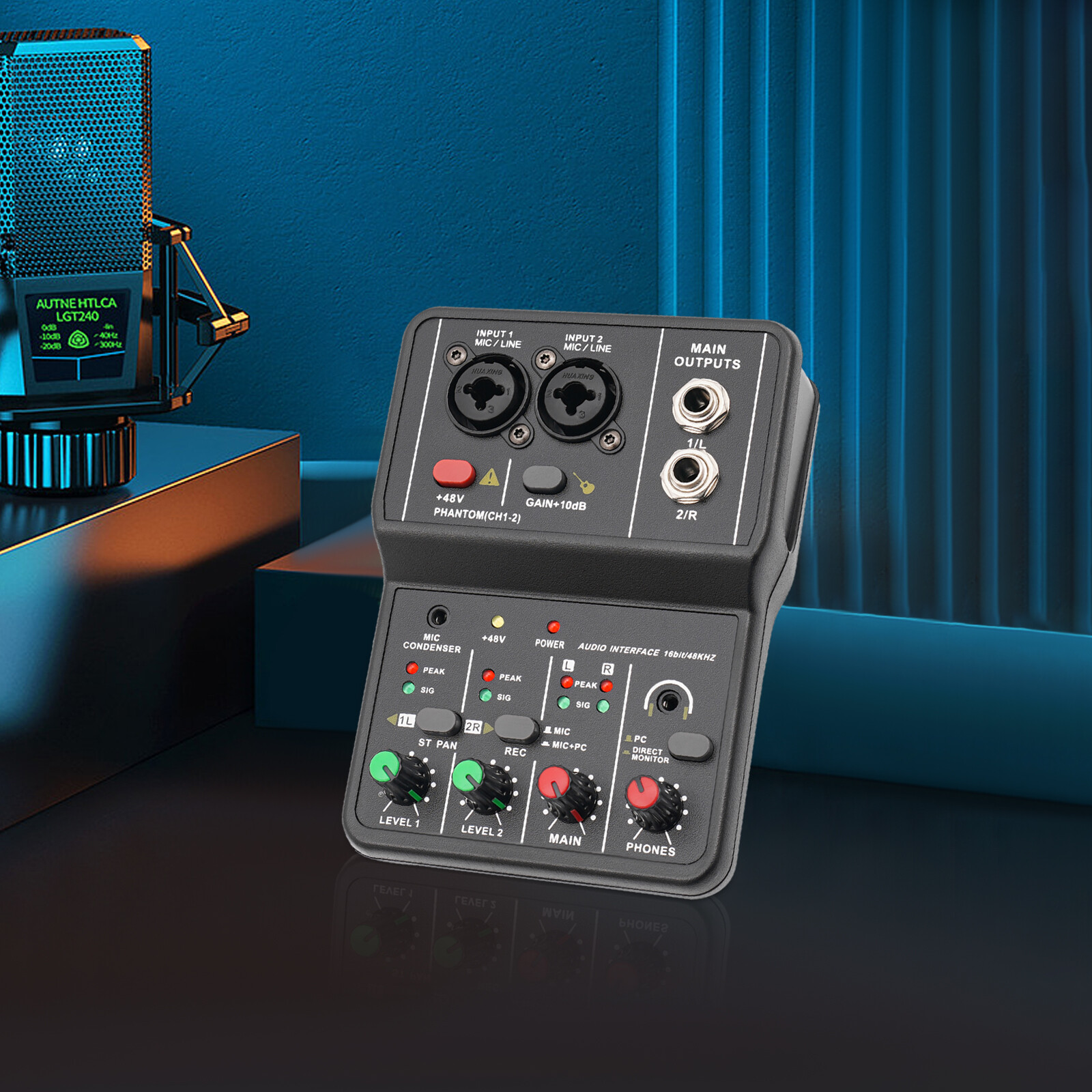 2 Channel Mixing Console Live Studio Audio DJ Mixer Sound Board USB Interface