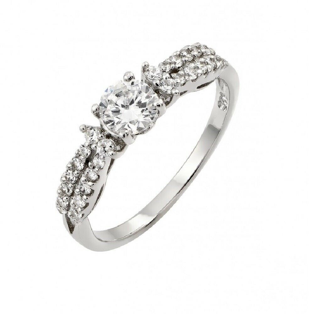 Sterling Silver CZ Stones Ladies Ring w/ 5 mm (0.5 ct) Round Cut Center CZ Stone