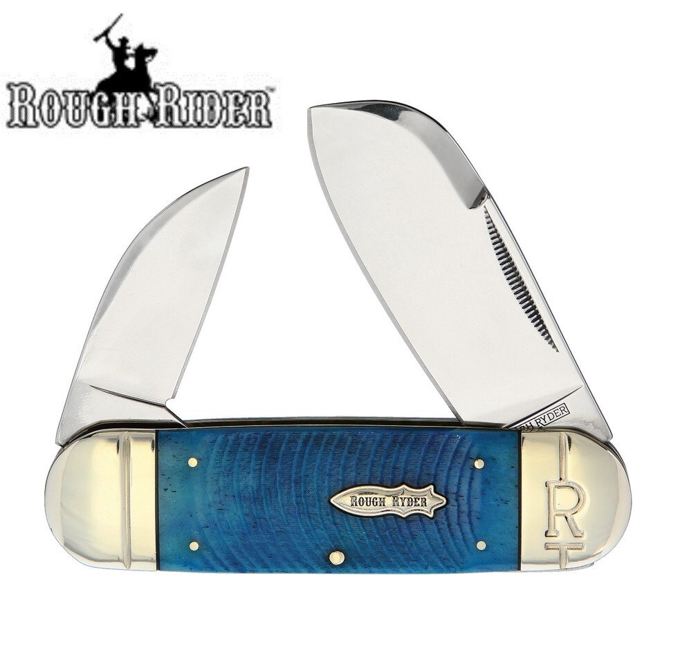 Rough Ryder Sunfish Pocket knife Toenail Black and Blue Bone Handle in Display