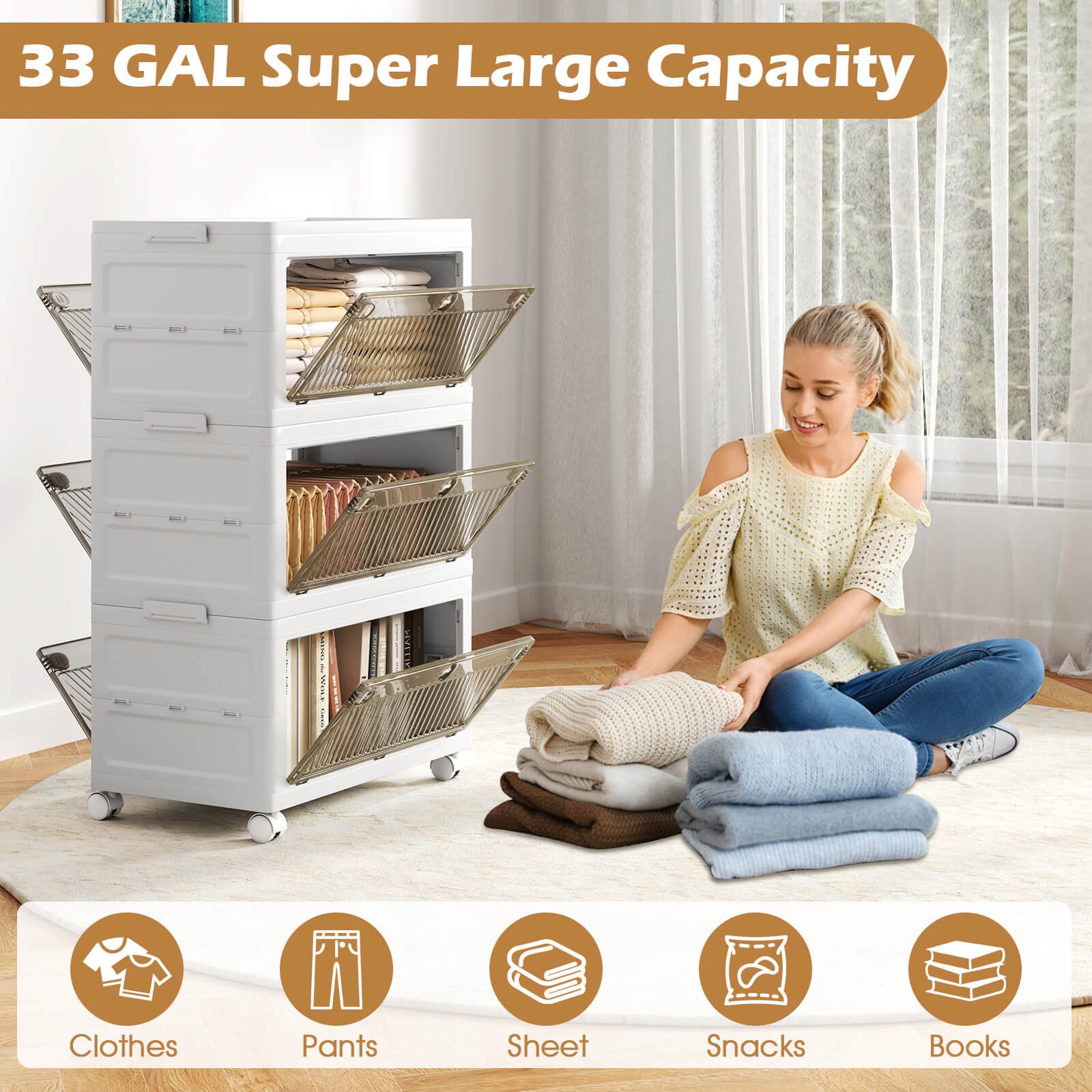 3-Tier Stackable Storage Bins 33-gal Collapsible Storage Boxes w/ Lid Organizer