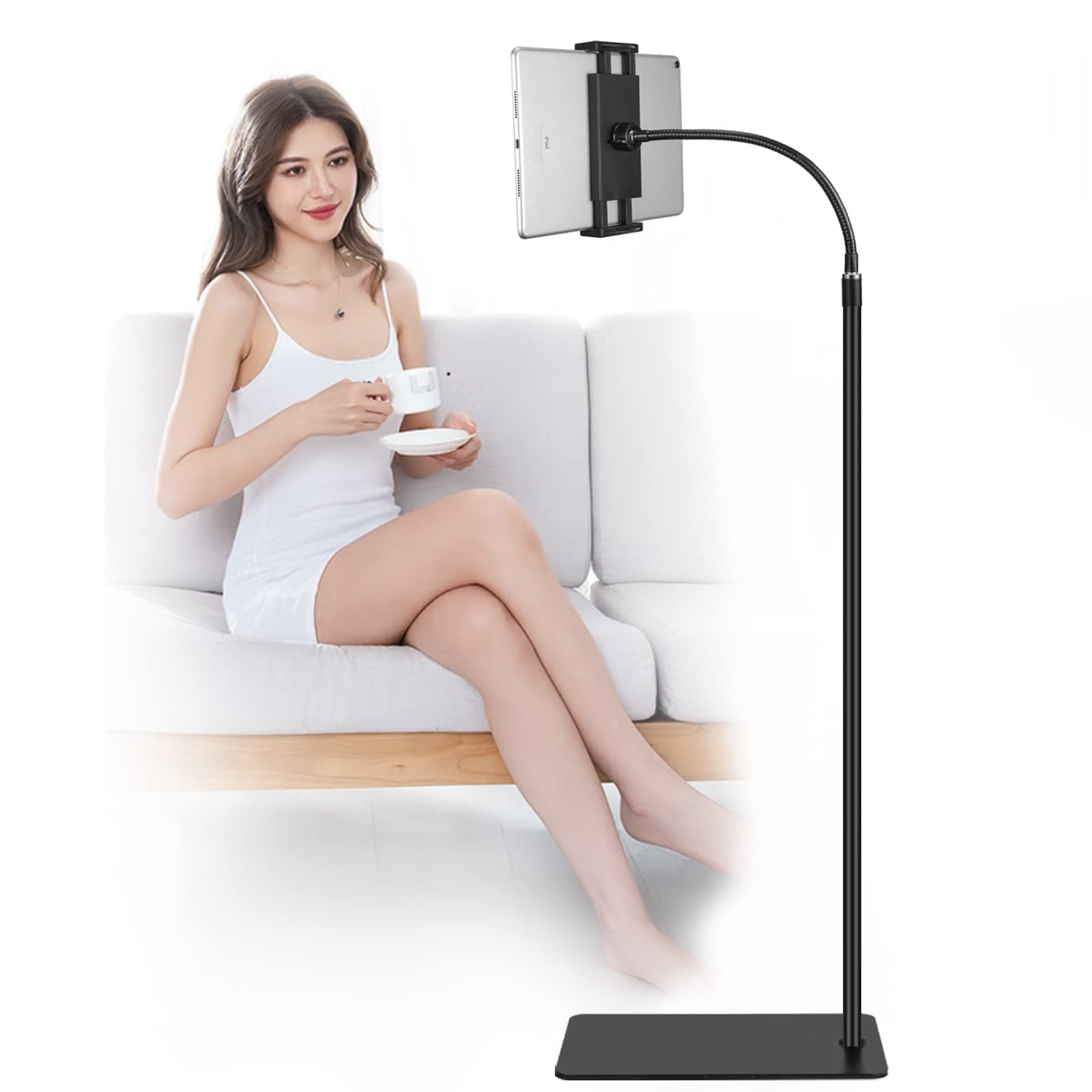 Tablet Floor Stand with Double Weight Base 360-degree Rotatable Metal Tablet ...