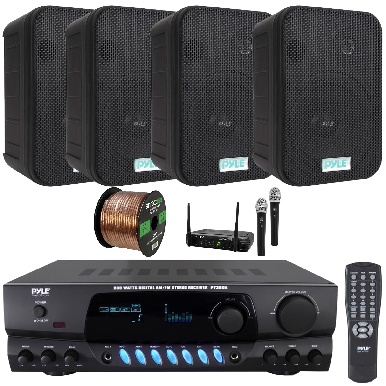 Pyle Stereo Display Receiver, 4x 6.5'' 500W Indoor/Outdoor Speakers, Mic System