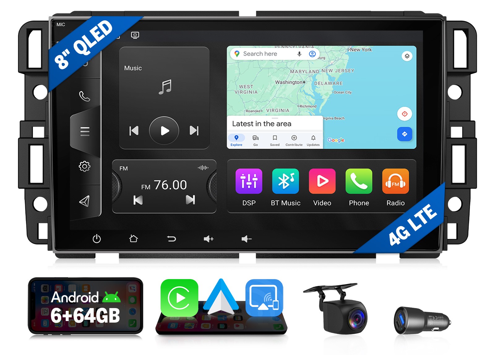 For 2007-2013 GMC Sierra 8" QLED 6+64G Android Auto Car Stereo CarPlay Head Unit