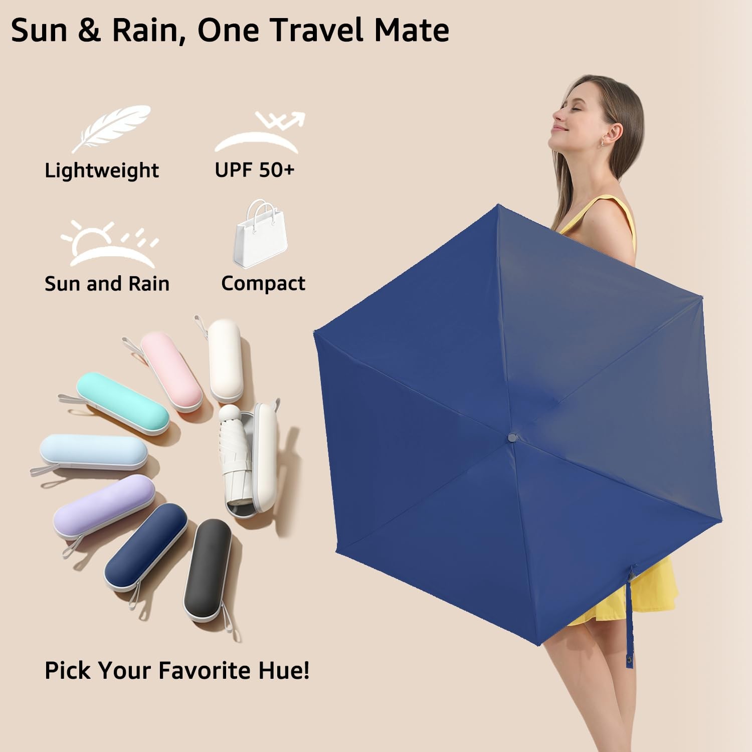 Travel Essentials Mini Umbrella for Purse With Case Small Compact UV Sun Prot...