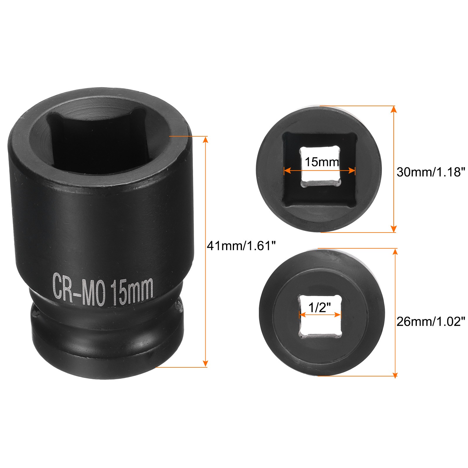 4 Point Square Socket 1/2" Drive 15mm Metric CR-MO Square Impact Wheel Socket