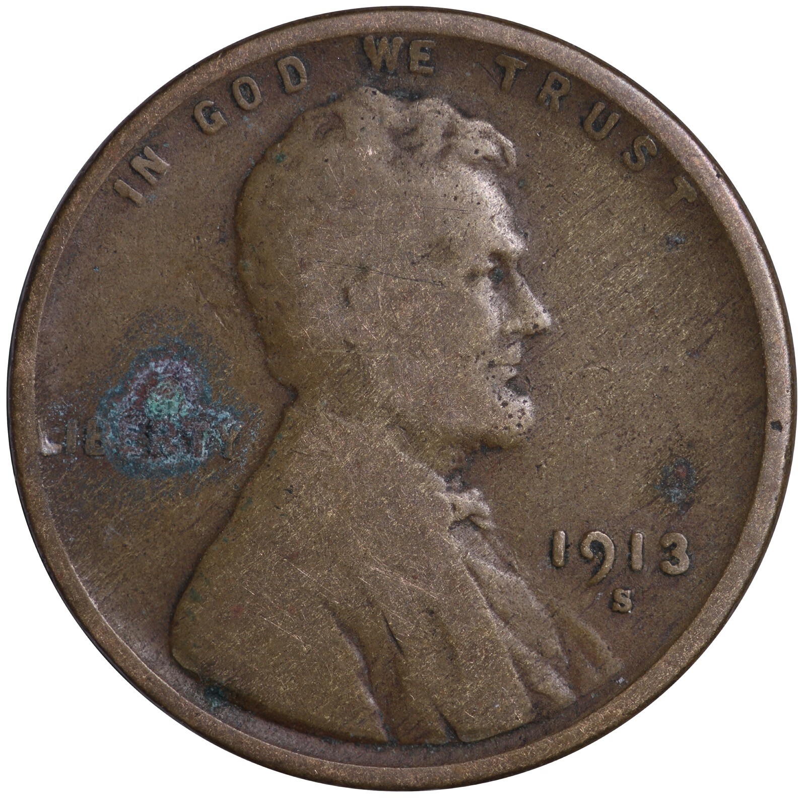 1913-S FULL DATE Lincoln Wheat Cent Penny CULL / AG / HOLE FILLER