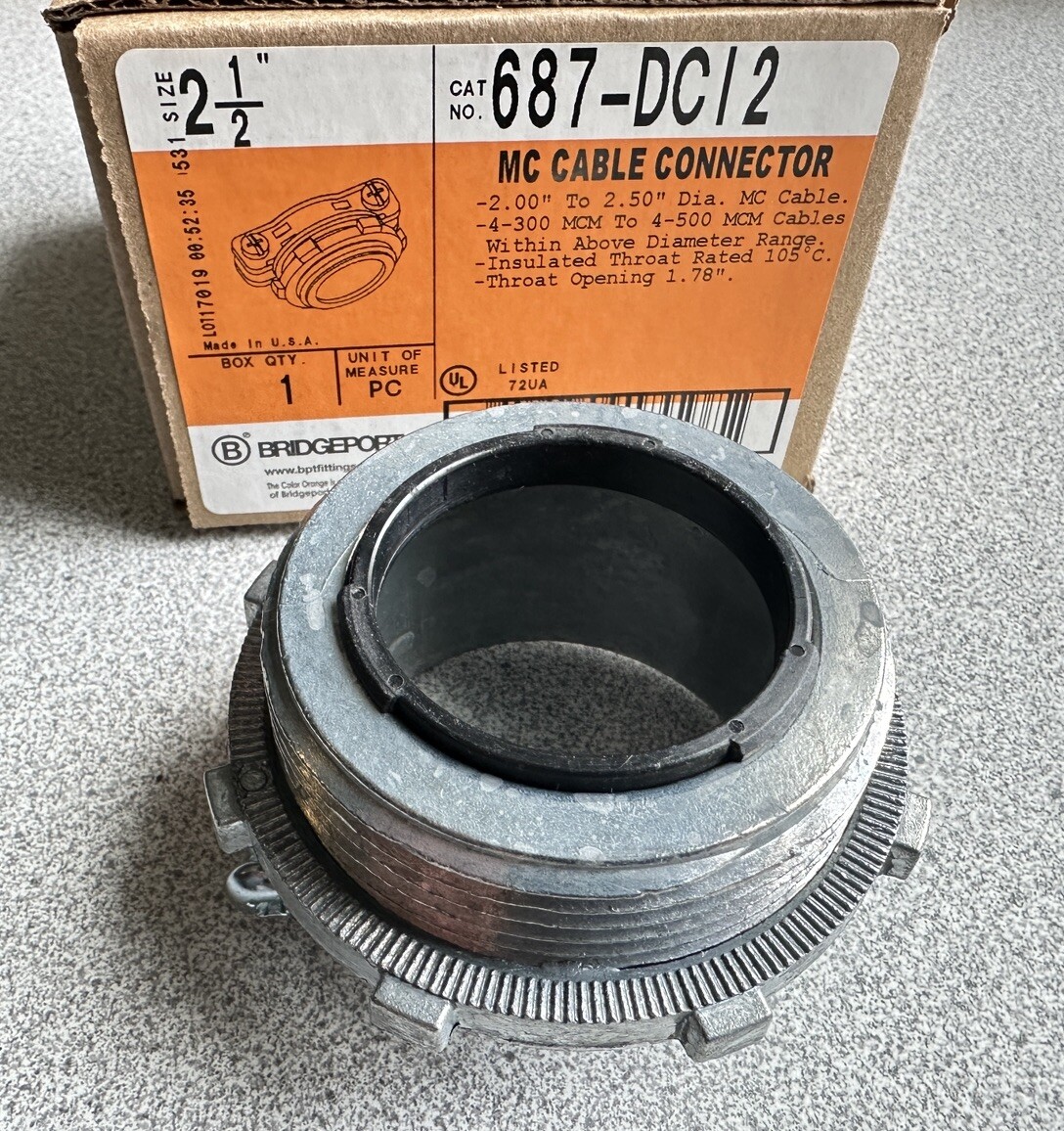 NEW Bridgeport 687-DCI2 MC Cable Connector 2-2.5”to 2.5" Box/Enclosure Insulated