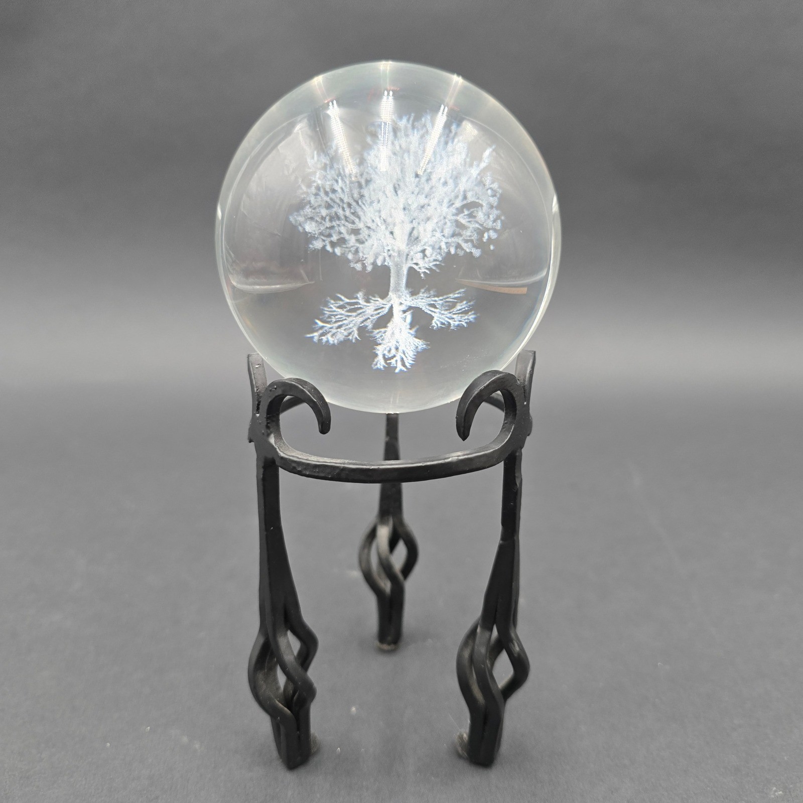 3D Laser Etched Tree of Life Crystal Ball with Black Metal Scroll Stand 80mm