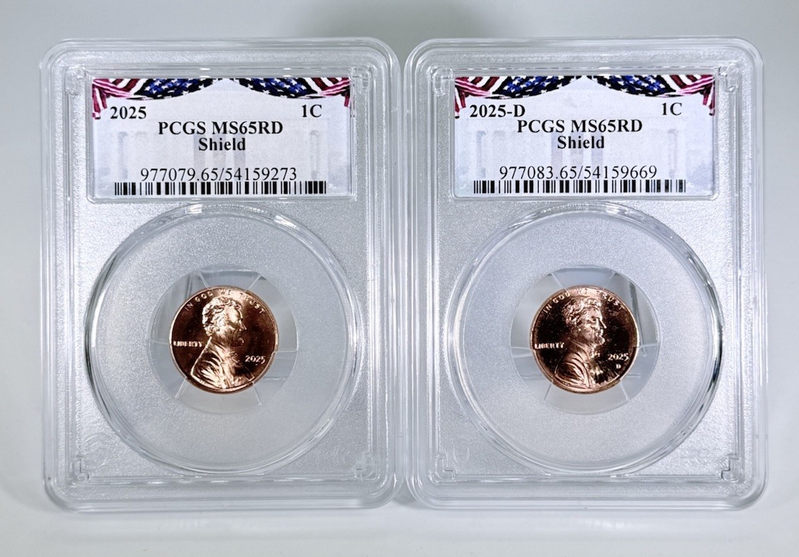 2025 P & D LINCOLN SHIELD CENT PCGS MS65 2-COIN PENNY SET - Last Year