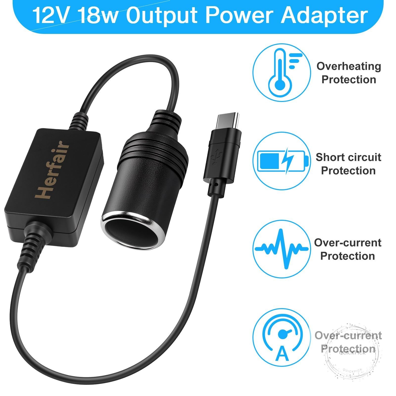 USB C Male to 12V Car Cigarette Lighter Socket Female Converter Adapter Power Ca