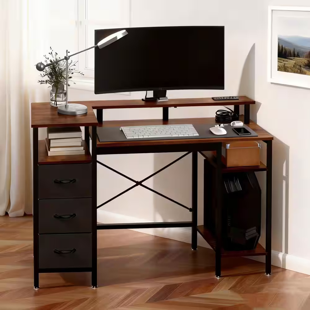 47.2 in Rectangle Computer Brown Wood 3-Drawer Computer Desk with Storage, Shelv