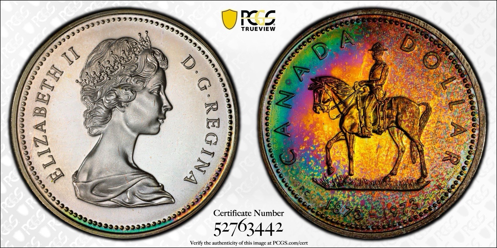 MONSTER RAINBOW TONED - 1973 Canada Silver Dollar RCMP Centennial┃PCGS SP67