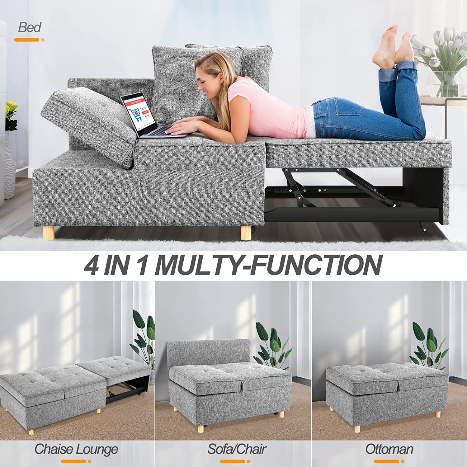 Folding Ottoman Sofa Bed Chair 4-in-1 Sleeper Sofa Adjustable Backrest 2 Pillows