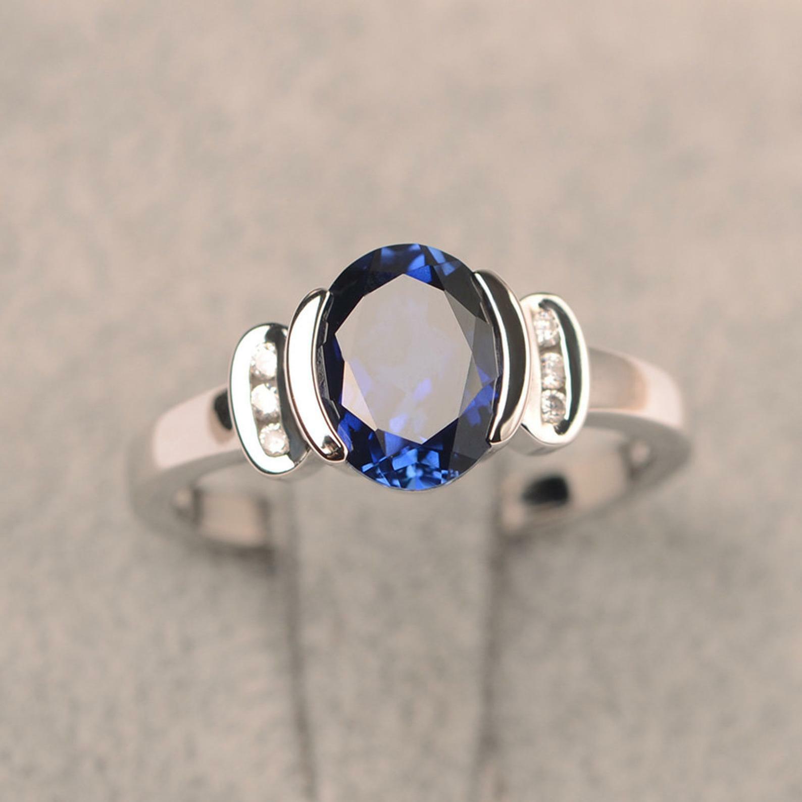2ct Lab-Created Blue Sapphire Solitaire Round Halo Accent Ring White Gold Plated