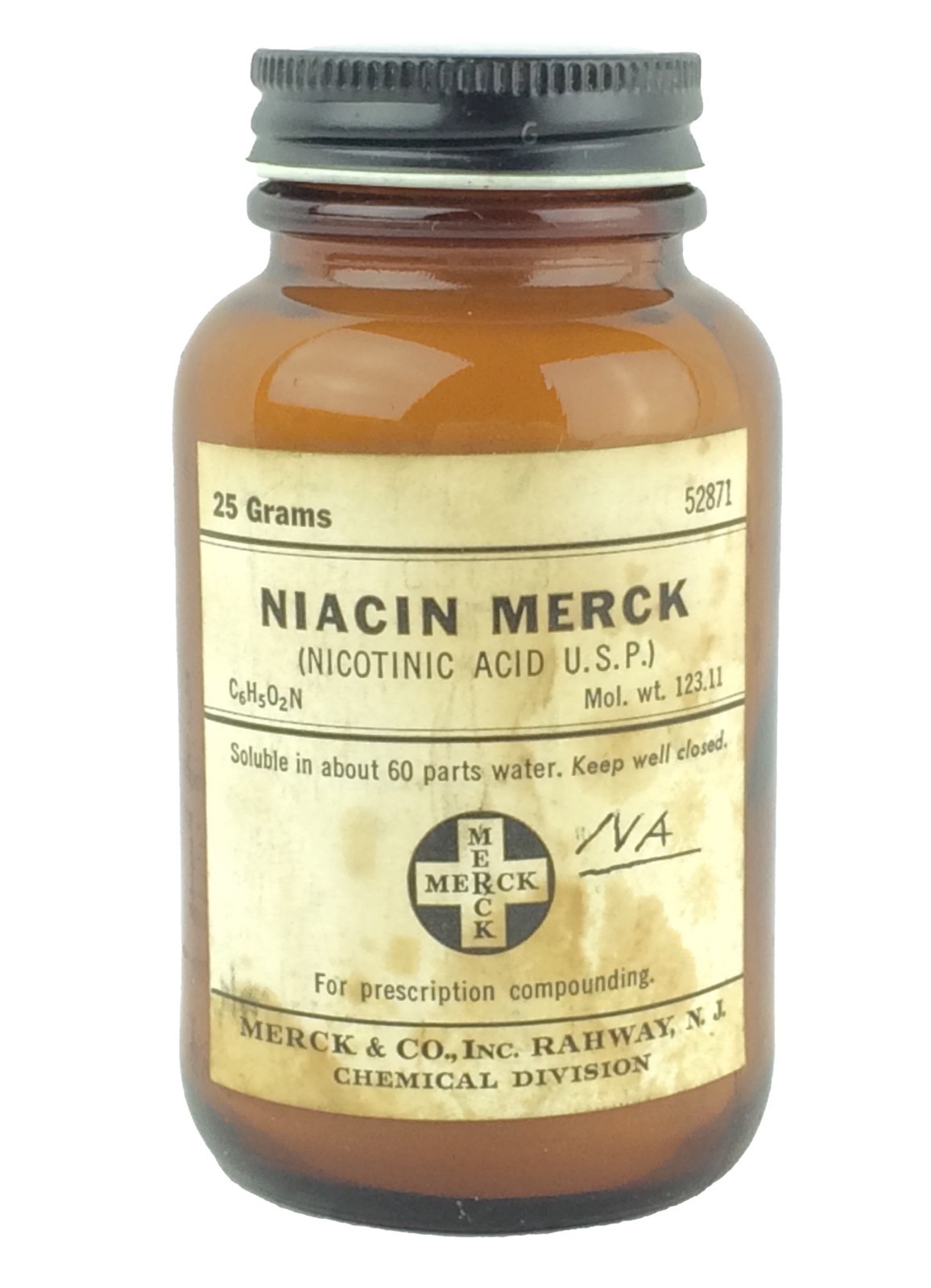 Vintage Brown 25 Gram Glass Jar Niacin Merck Nicotinic Acid 1/2 Full 1950's