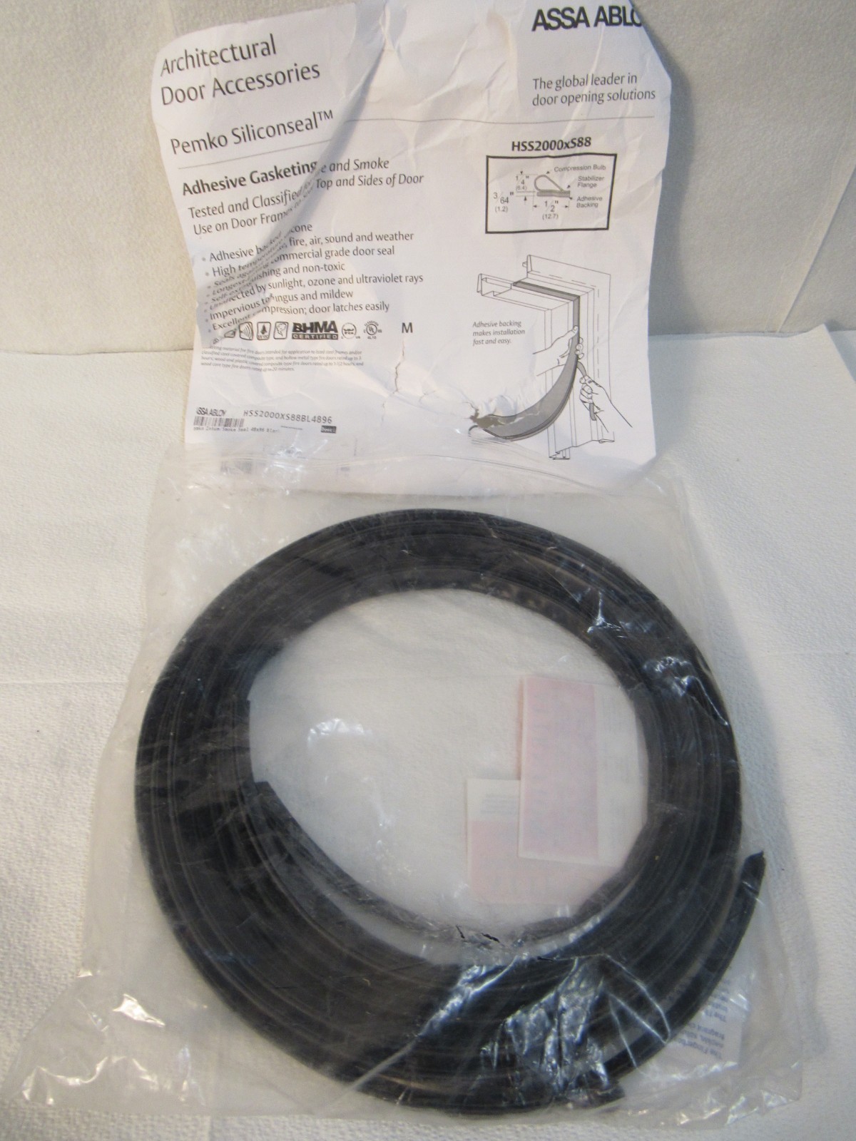 Assa Abloy Pemko Siliconseal Adhesive Gasketing Door Seal HSS2000XS88BL4896