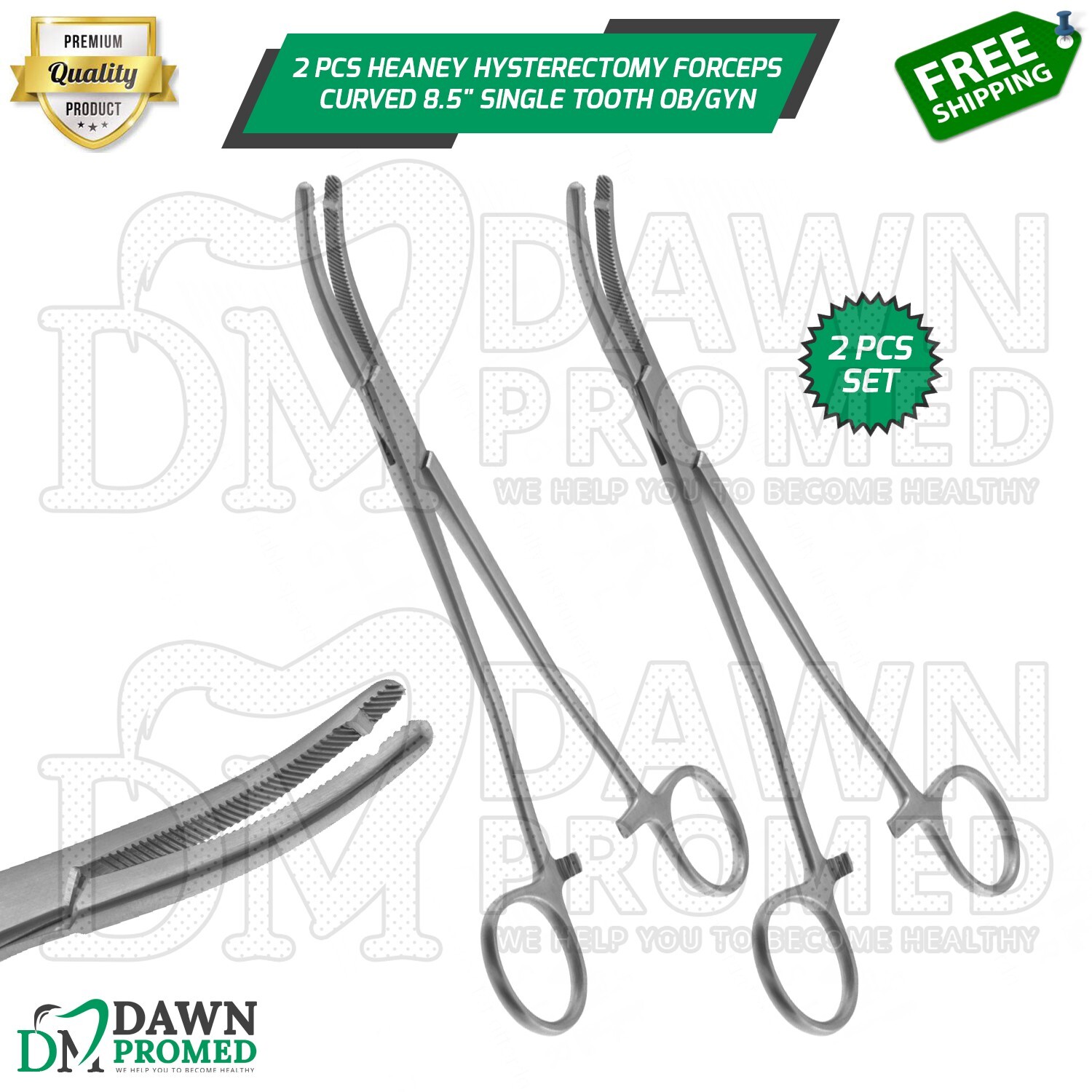2 Pcs Heaney Forceps Single Tooth Curved Set 8.5" OB/GYN Instrument German Gr