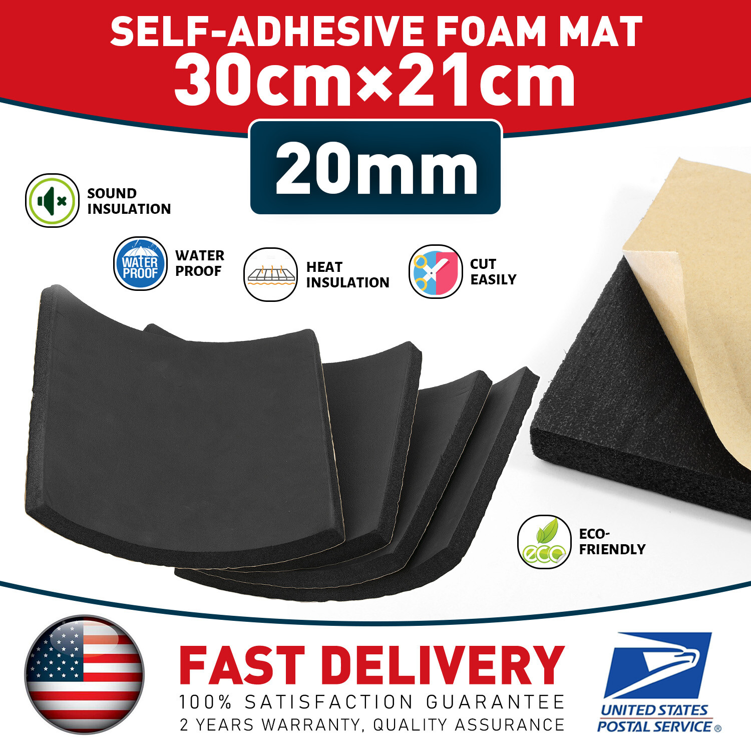 4Sheets 2CM Thickness Adhesive Backed Foam Rubber Sheet Padding Insulation pad