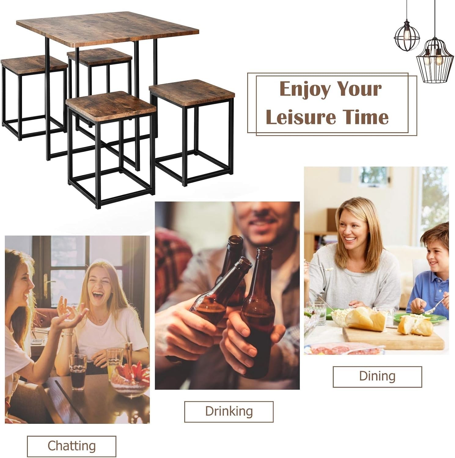 5 Piece Dining Table Set Dining Set 4 W/ Square Stools Small Kitchen Table Set