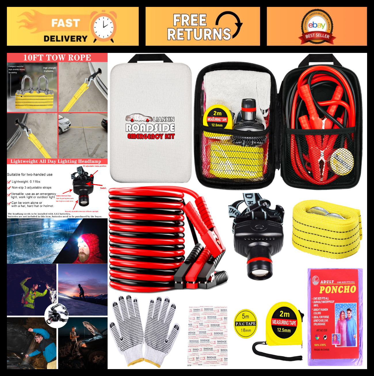 Emergency Car Kit with Jumper Cables, Tow Straps, Multi-Tool, Rainwear & Headlam