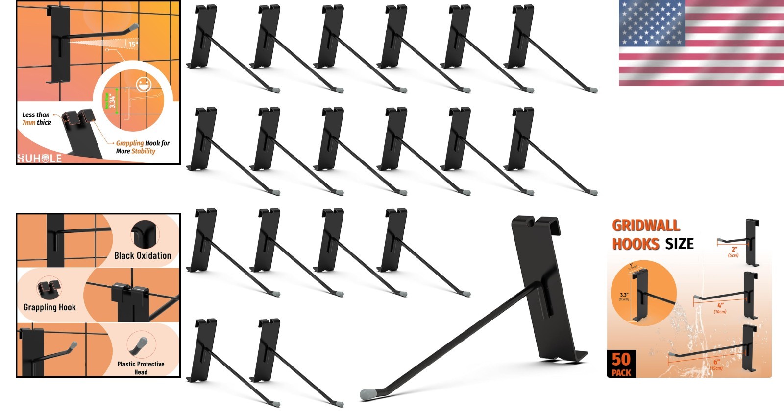 50 Pack 6" Black Gridwall Hooks | Fits 3x3 Grid Panels