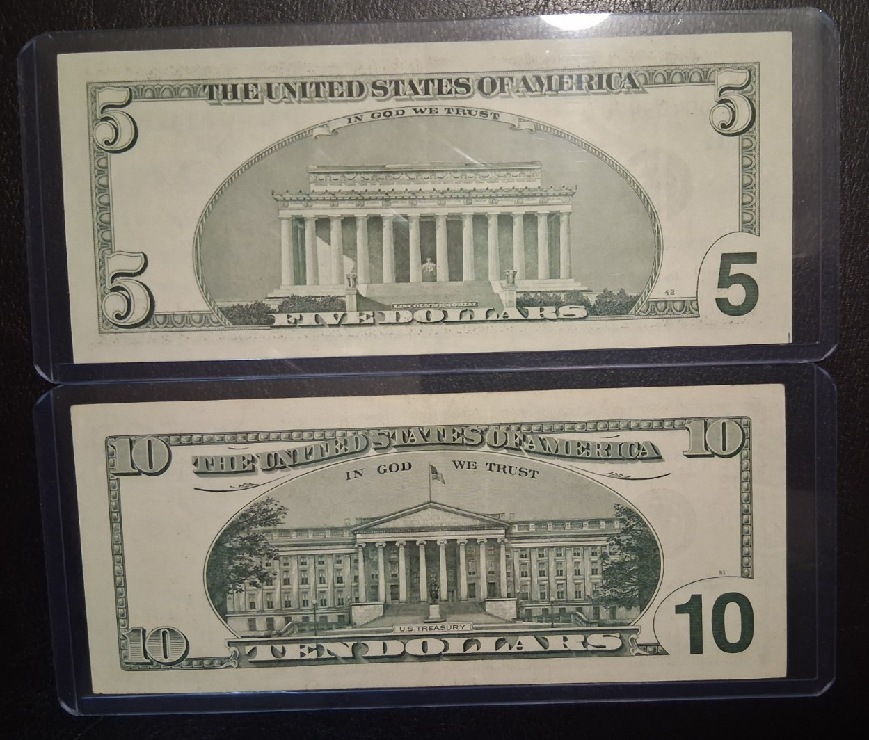 US TEN and FIVE DOLLARS 2001-2003 VF/AU