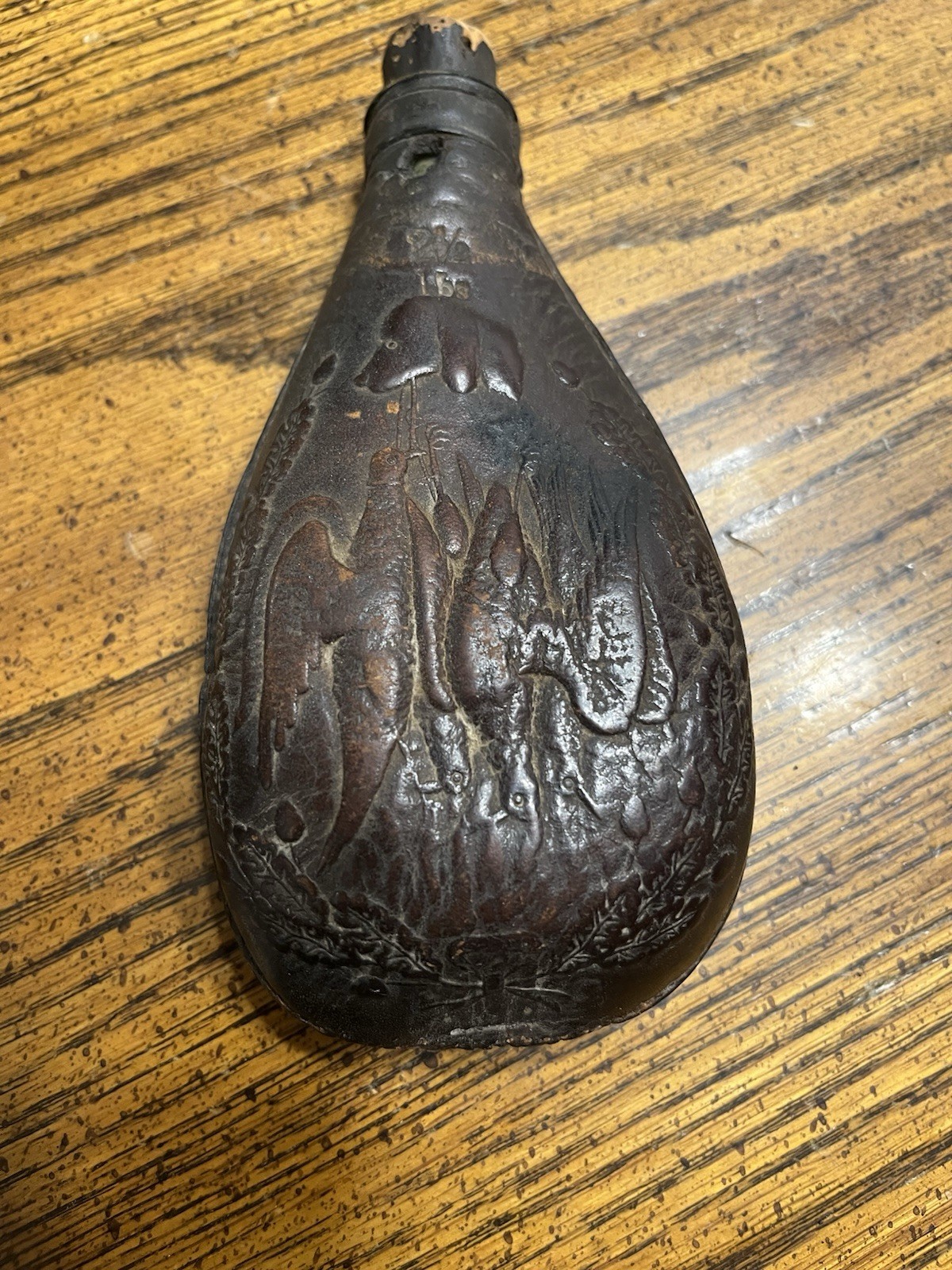 Antique 1800s Civil War Era Leather Embossed Duck Hunting Black Powder Flask