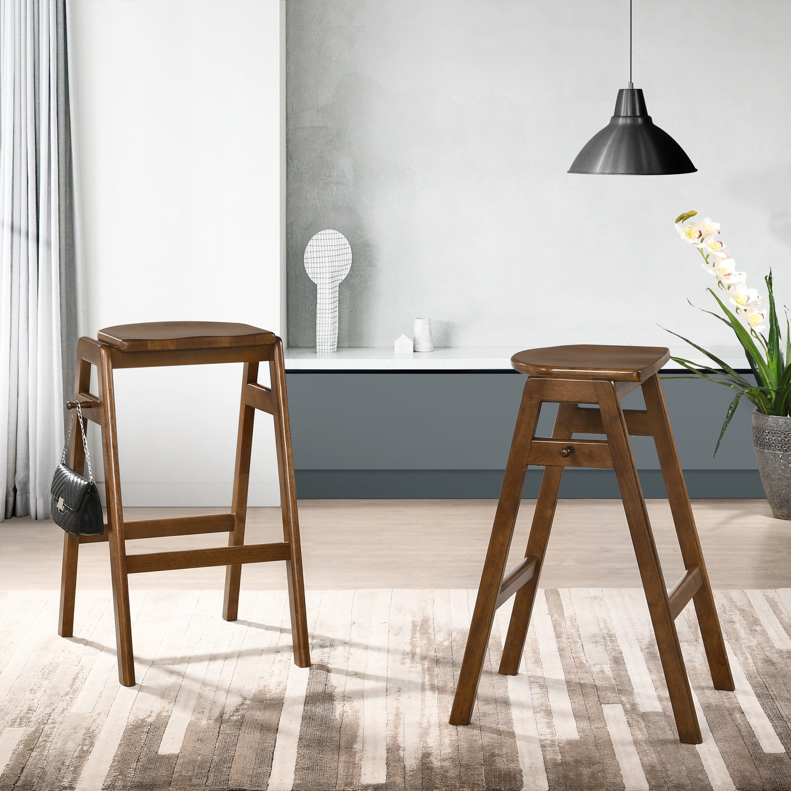 Mid-Century Modern Wood Stackable Barstools, Set of 2, 30 Inch Counter