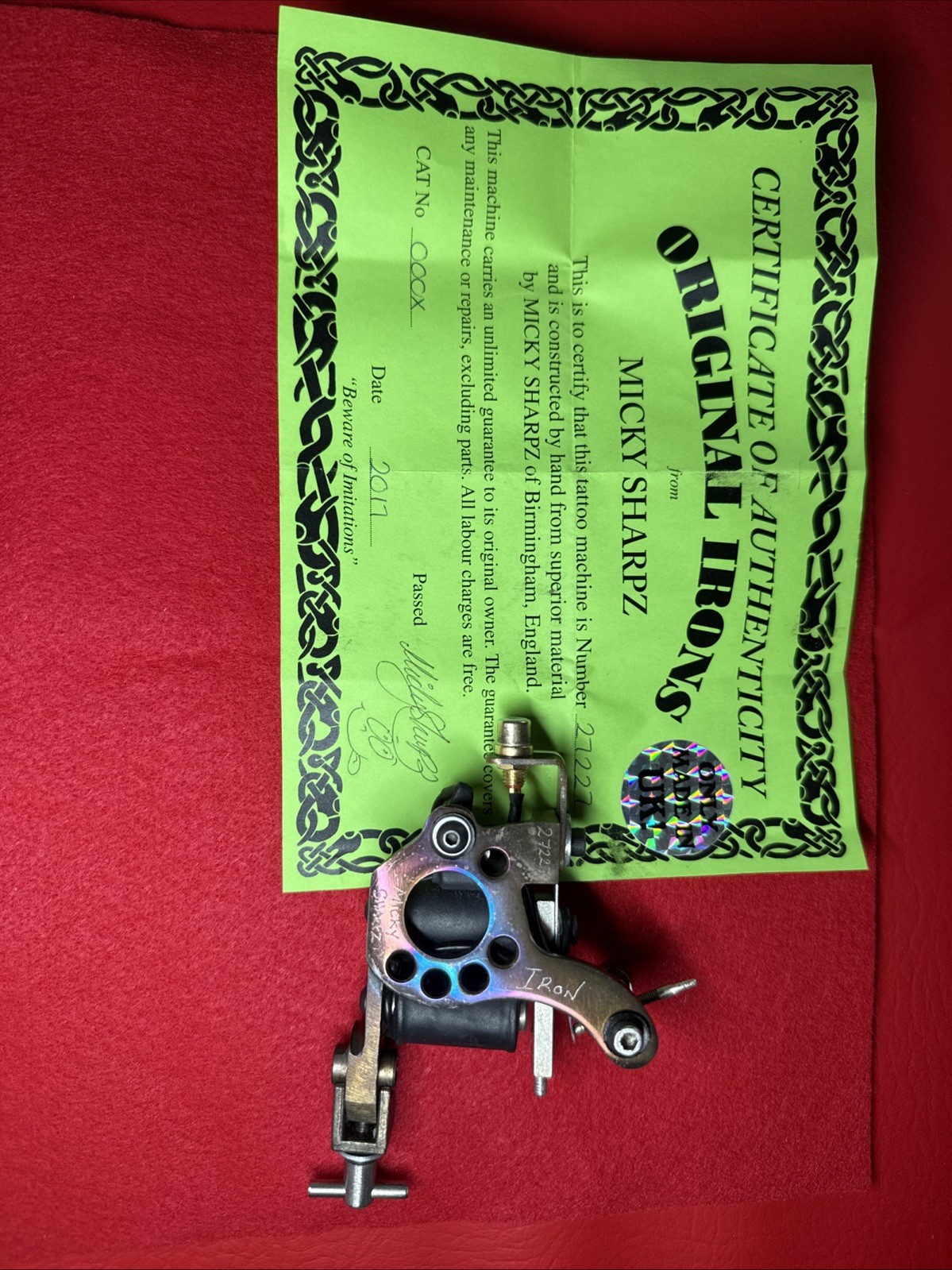 Micky Sharpz Iron Micro Dial Tattoo Machine 2017 Certificate of Authenticity