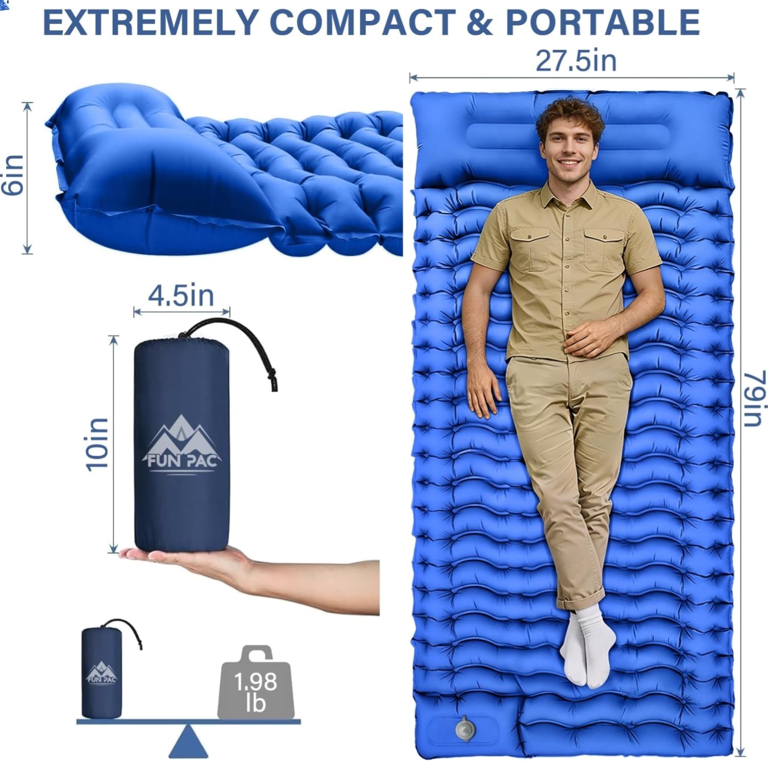 Lightweight Inflatable Camping Mat with Built-in Pillow & Quick Inflate, Twin