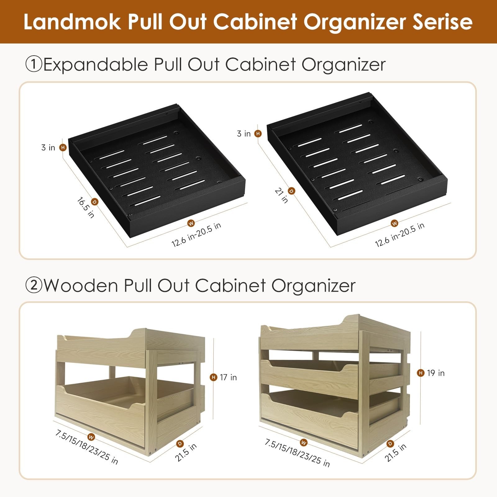 Landmok 1 Pack Expandable Pull Out Cabinet Organizer 21" Deep, Adjustable Width