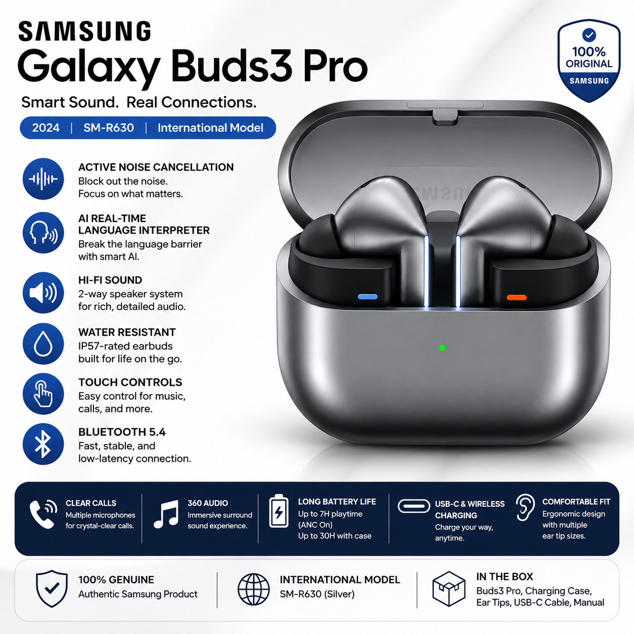 Samsung Galaxy Buds3 Pro Silver ANC Noise Cancelling Bluetooth 5.4 Earbuds