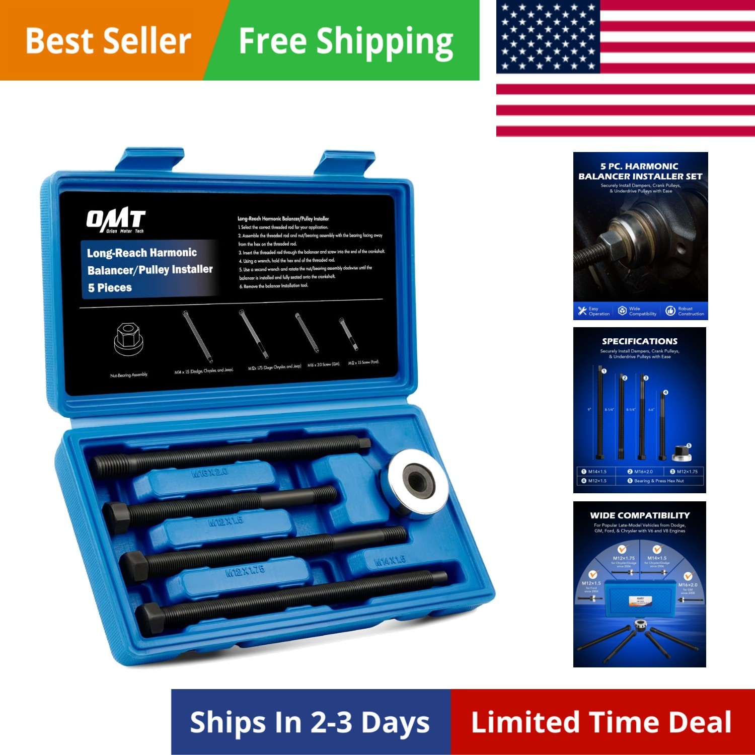 Harmonic Balancer Installer Set, 5pc Long  Crank Pulley Underdrive Pulley Dam...