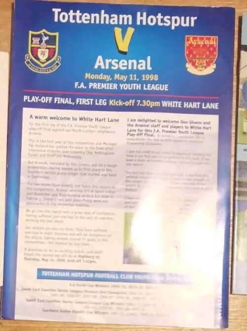 11/05/98 Tottenham v Arsenal Youth league Final Programme