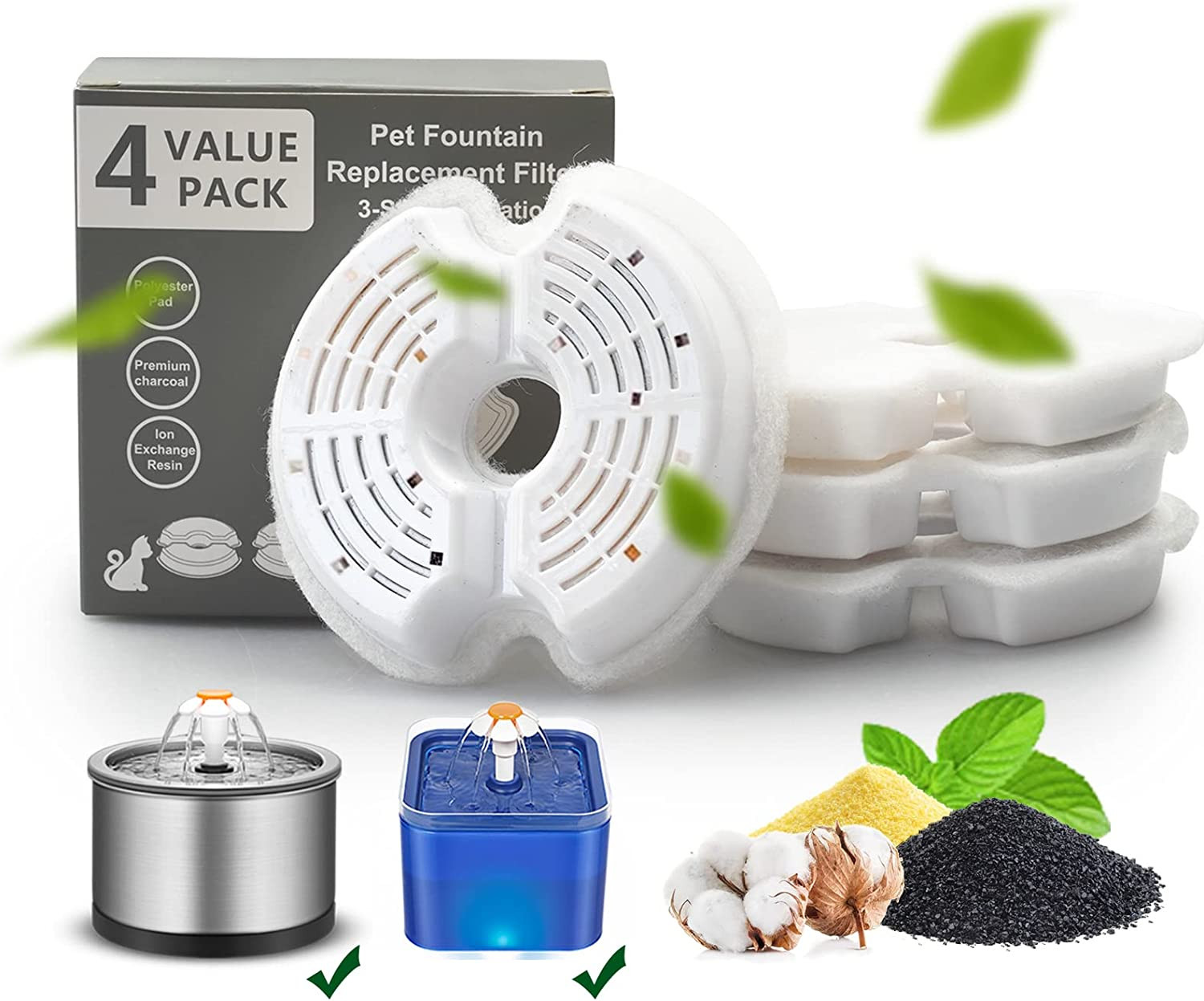 Cat Water Fountain Replacement Filters, Carbon 4-Pack Fits Multiple Models, New