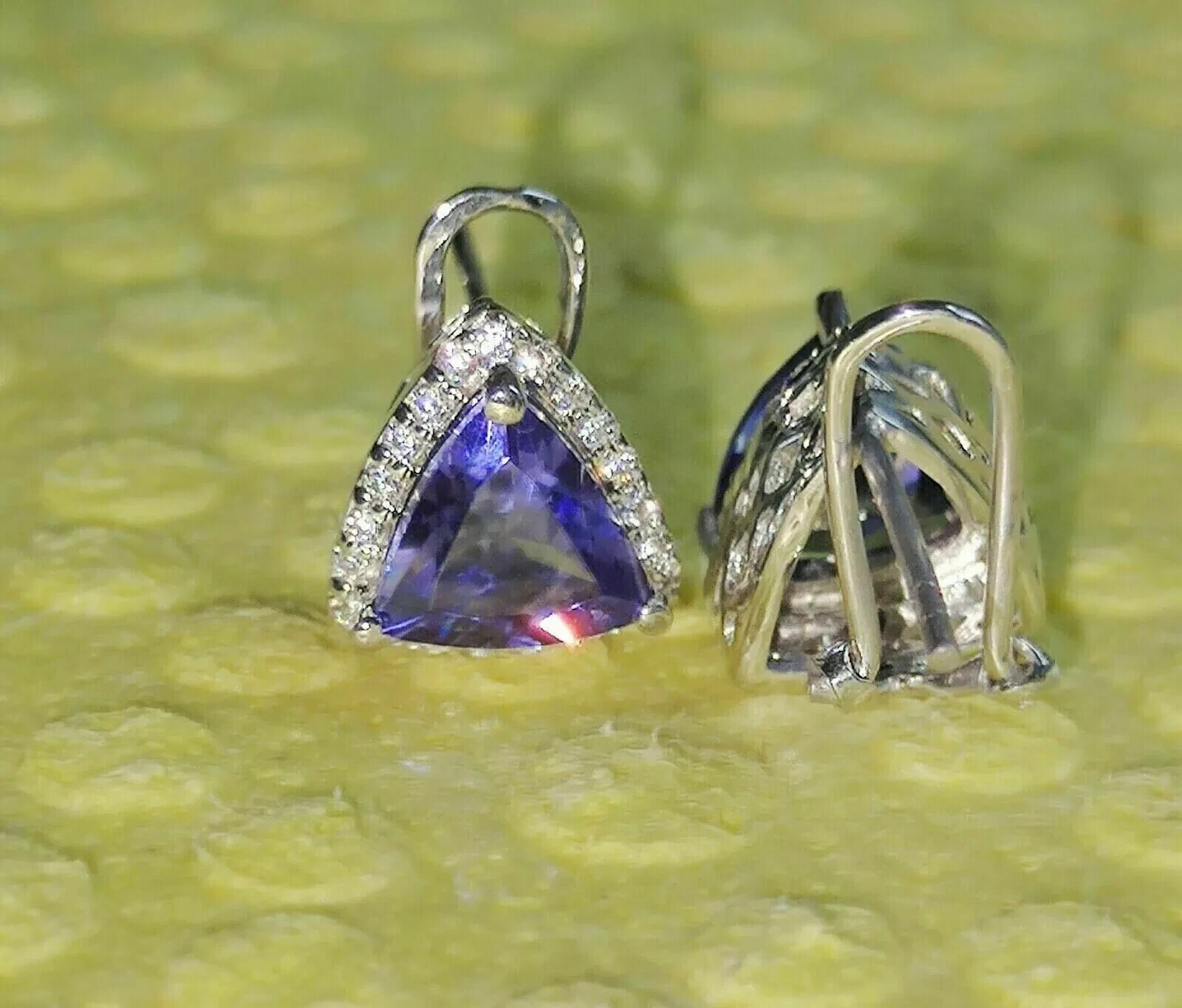 4Ct Trillion Cut Blue Tanzanite Halo Women's Stud Earrings In White Gold Plated