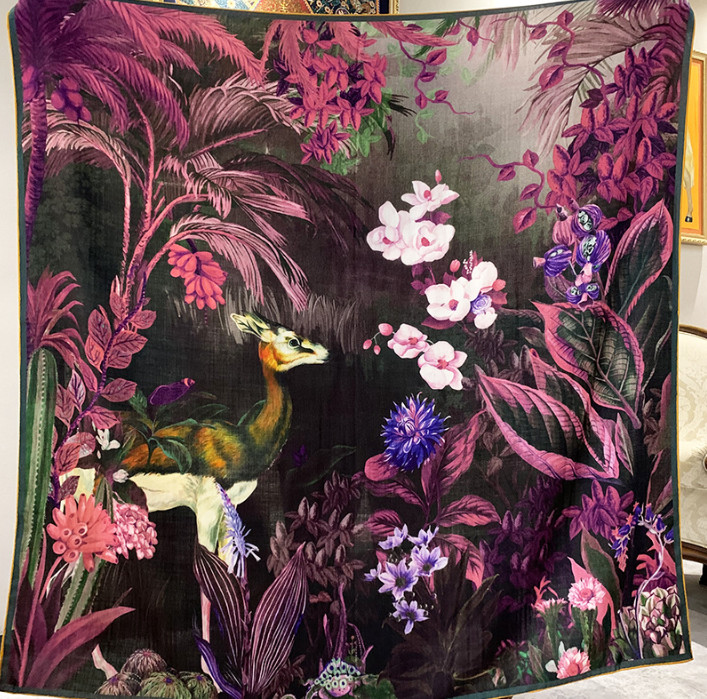 75% Cashmere 25% Silk Bandana Wrap Green forest Print Double Face Scarf 53'' new