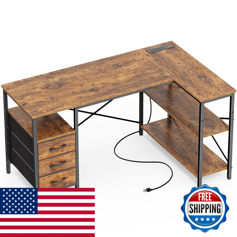 Huuger L Shaped Office Desk Power Outlets 47 Inch Computer Desk 3 Drawers
