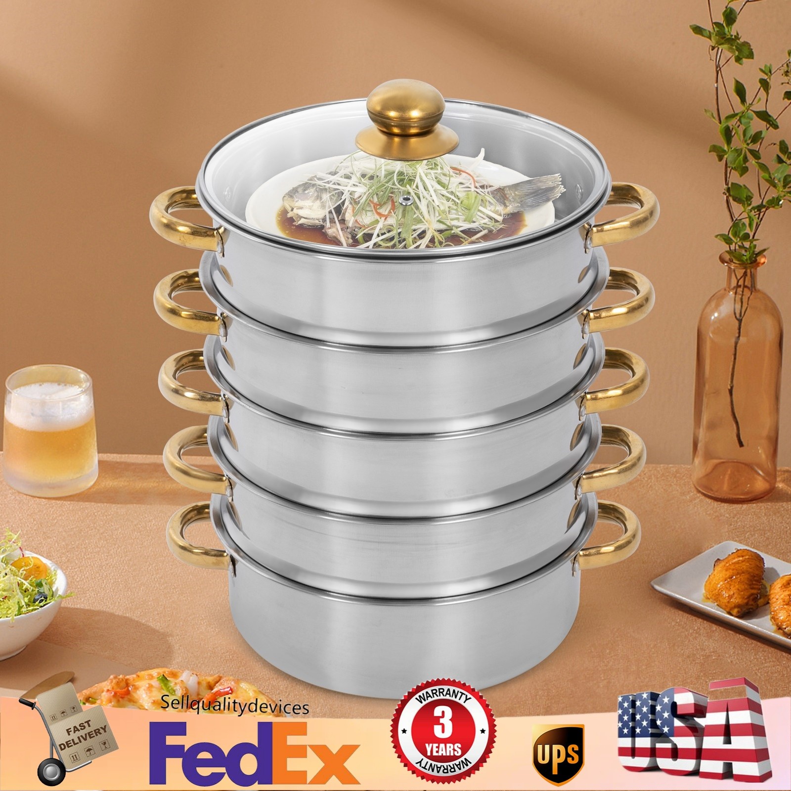 5-Tier Steamer Cooking Pot Stainless Steel with 9L Capacity and Baskets USA