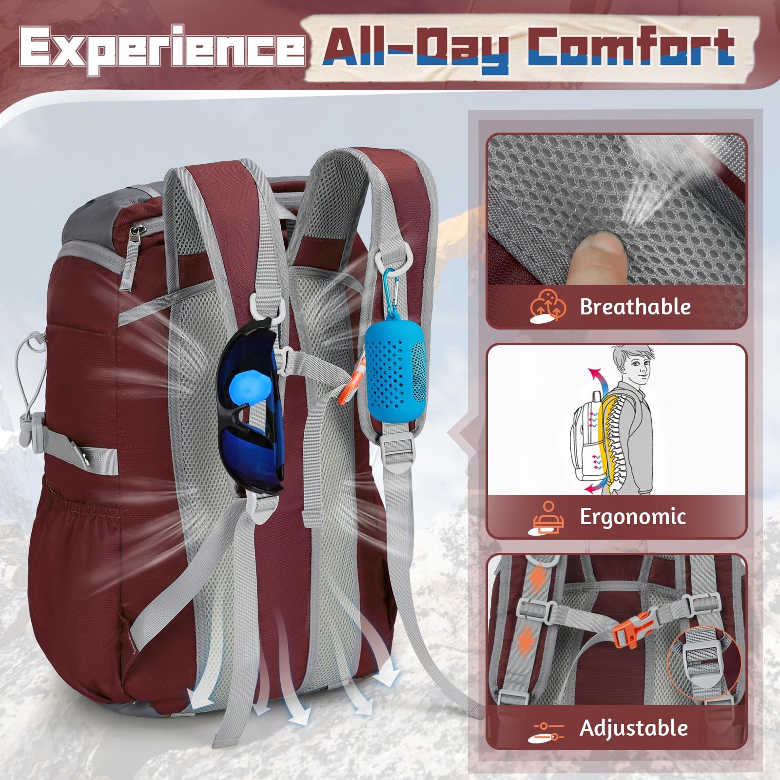 Foldable Hiking Backpack 40L Packable Camping Waterproof Daypack Red Bag