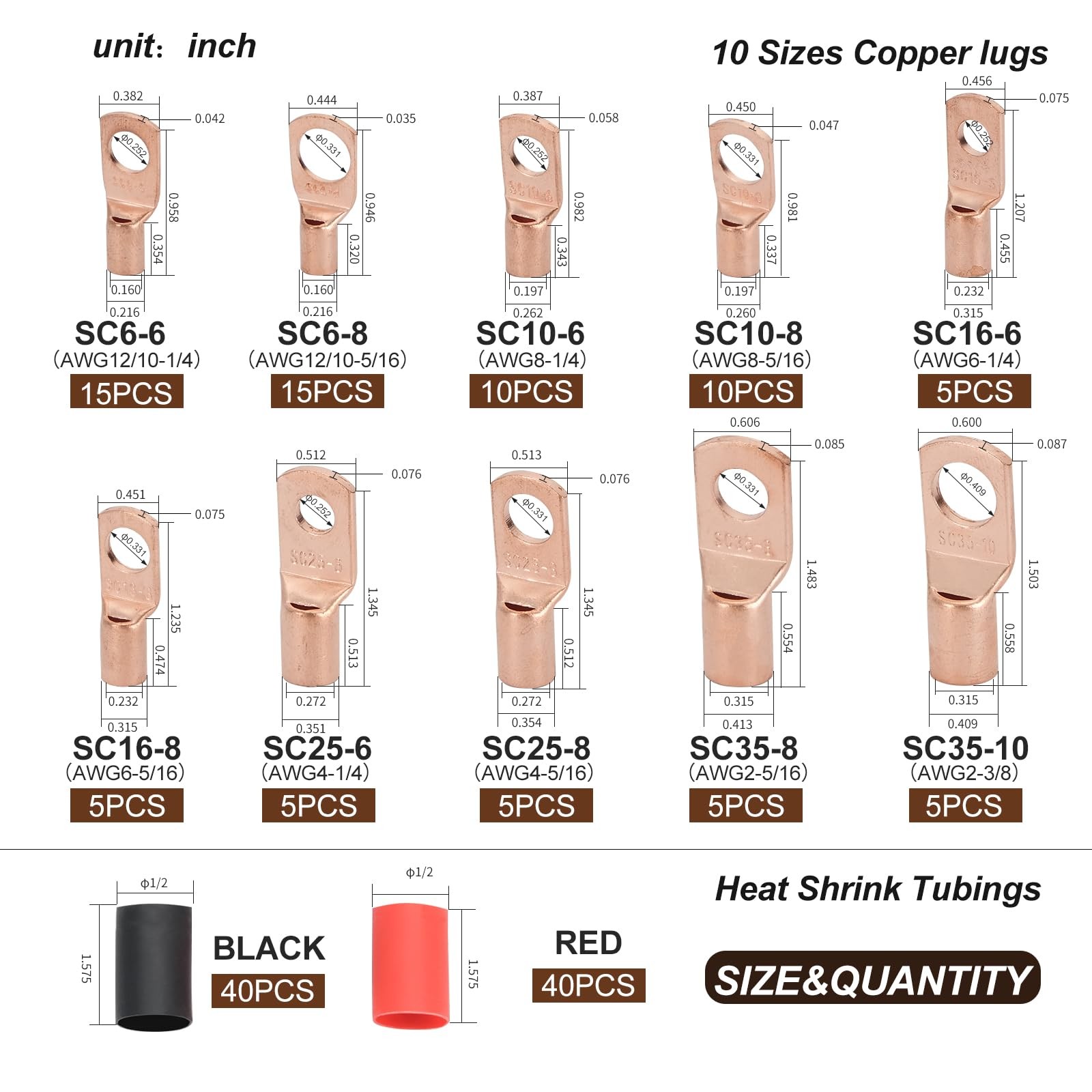 Thickened Copper Lugs，Electric Wire Lugs，AWG2 4 6 8 10 12Gauge，80Pcs Heavy Du...