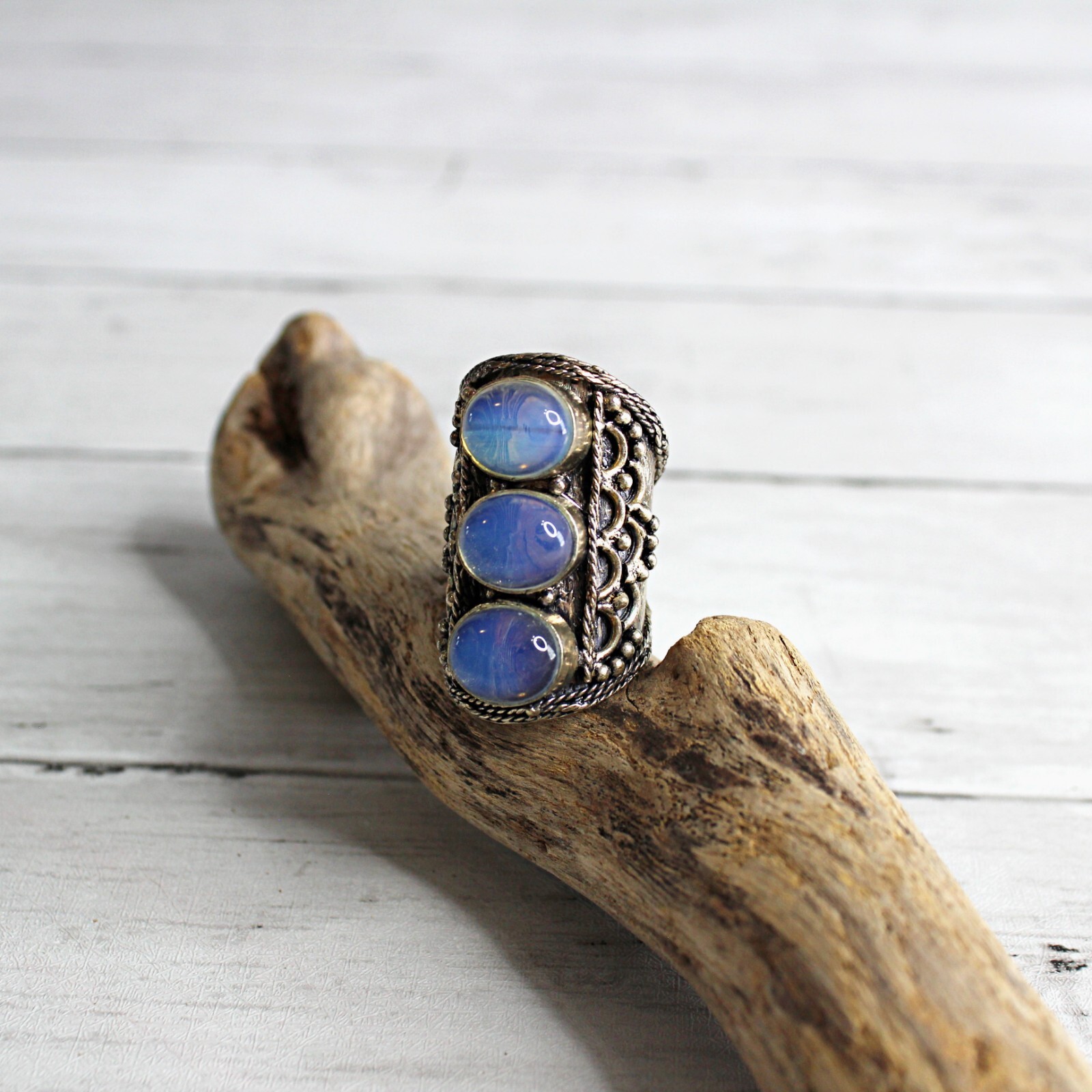 Handcrafted Women's Blue Moonstone Silver Chunky Ring Artisan Jewelry Antique