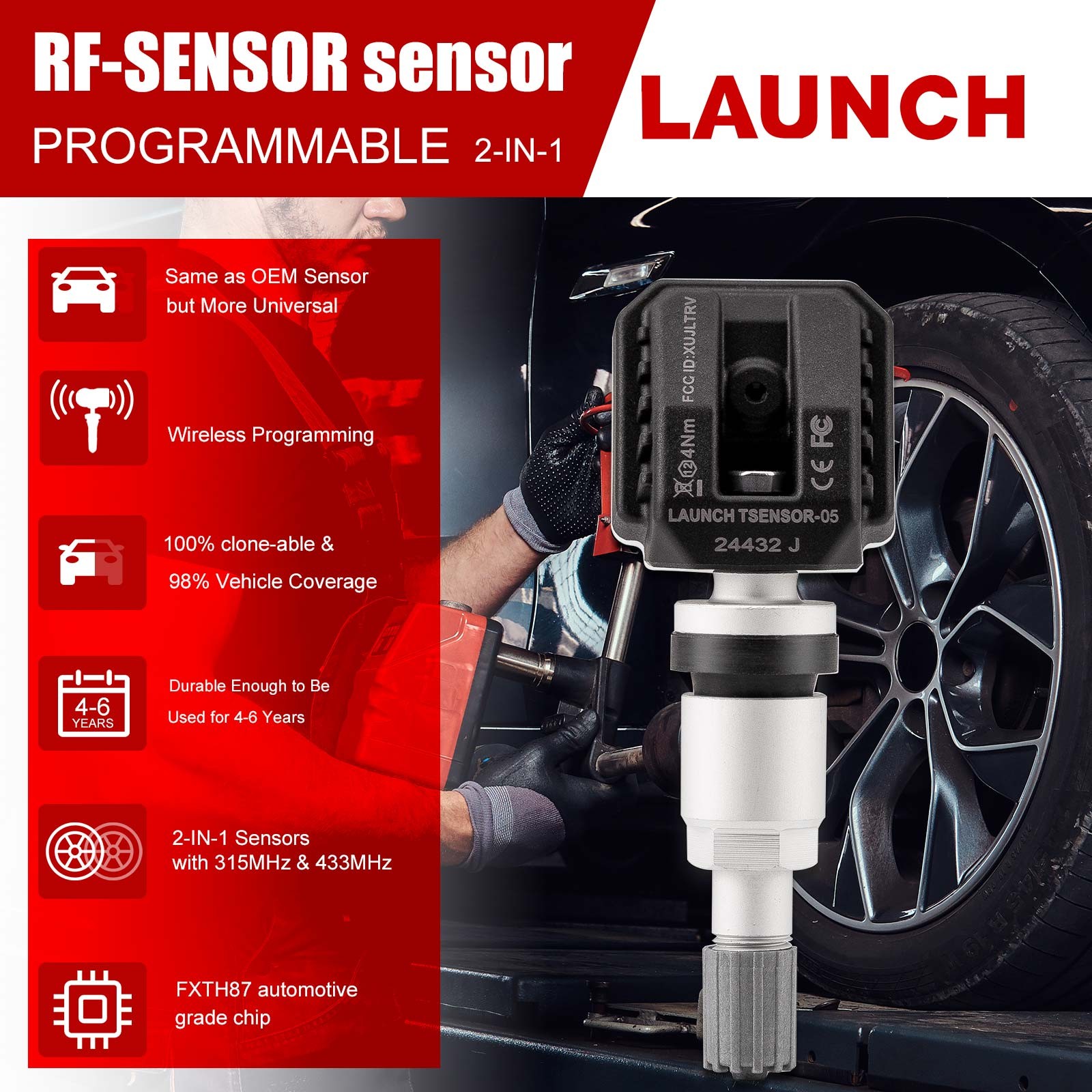 4pcs LAUNCH LTR-05 TSENSOR-05 RF Sensor Progarmmable TPMS Sensor 315MHz&433MHz